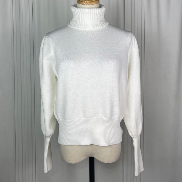 NWT French Connection - Cropped Puff Sleeve Turtleneck Sweater -Winter White - S - Picture 1 of 15